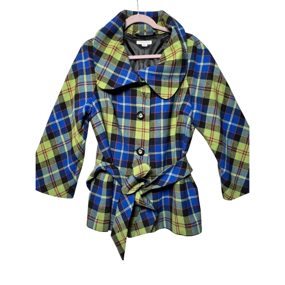 Pendleton Womens Wool Jacket Belted Tartan Plaid 14 Blue Green Coat cape